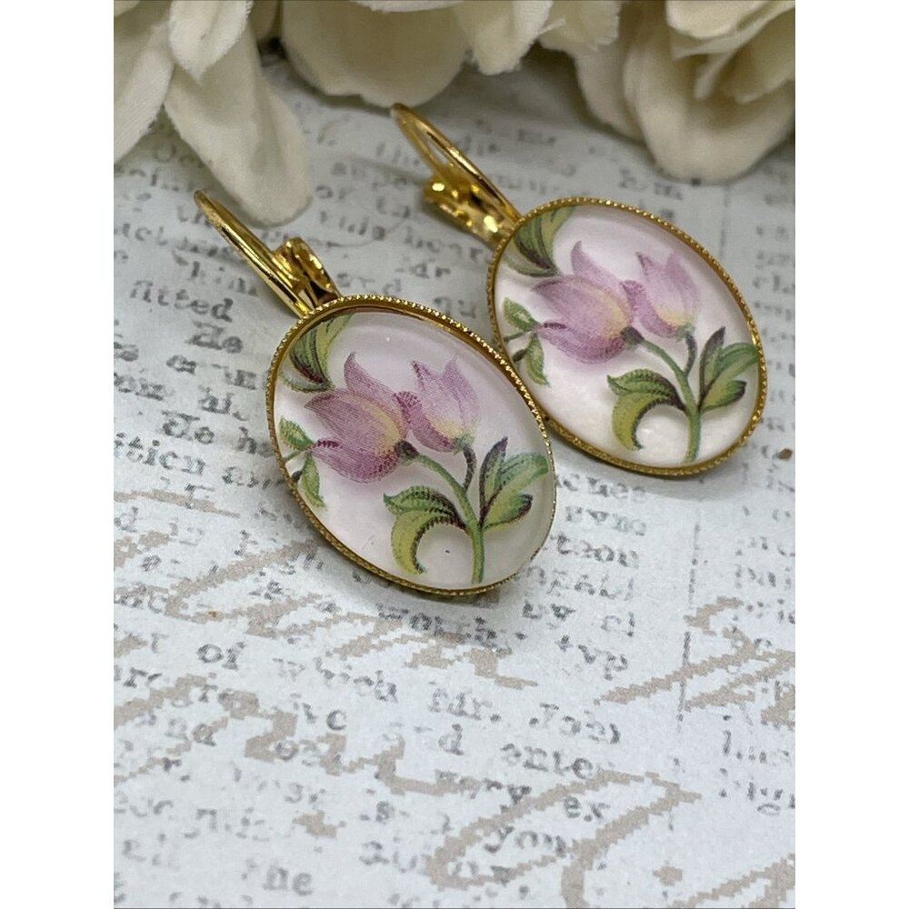 Frosted Pink Tulip Gold Boutique Wire Earrings Wedding Bridal Gift Birthday Wife - Picture 7 of 12